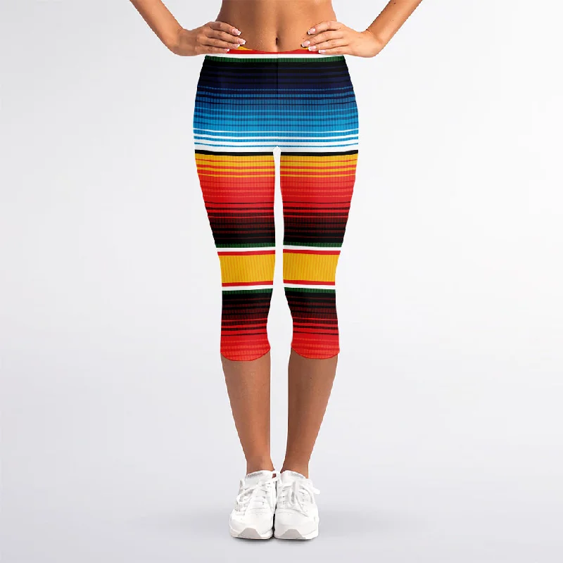 Ethnic Serape Blanket Pattern Print Women's Capri Leggings Cozy Ribbed Leggings