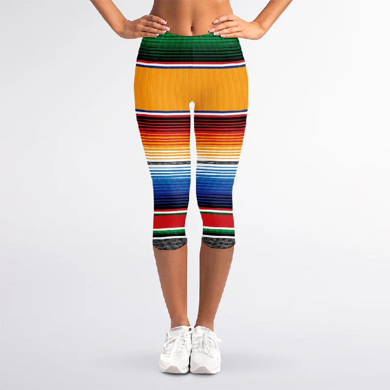 Ethnic Serape Blanket Stripe Print Women's Capri Leggings Chic Floral Print Leggings