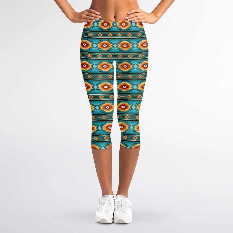 Ethnic Southwestern Navajo Pattern Print Women's Capri Leggings Elegant Metallic Leggings