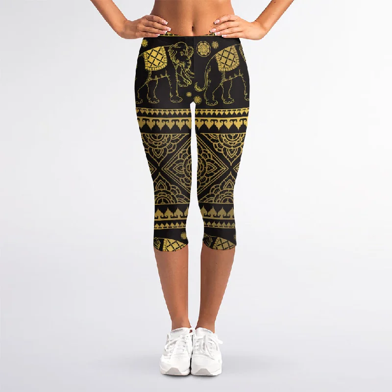 Ethnic Thai Elephant Pattern Print Women's Capri Leggings Trendy Mesh Leggings