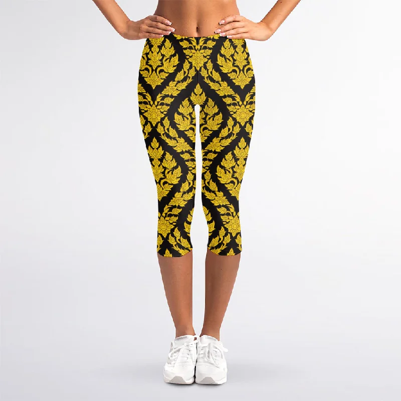 Ethnic Thai Pattern Print Women's Capri Leggings Stylish Stretch-Waist Leggings
