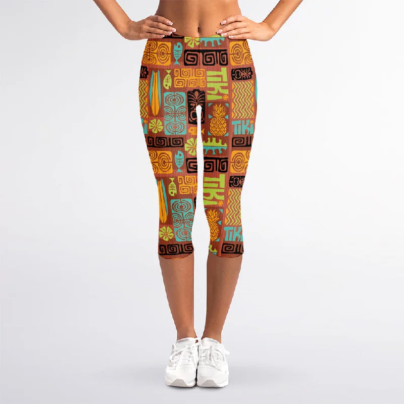 Ethnic Tiki Pattern Print Women's Capri Leggings Trendy Patterned Leggings