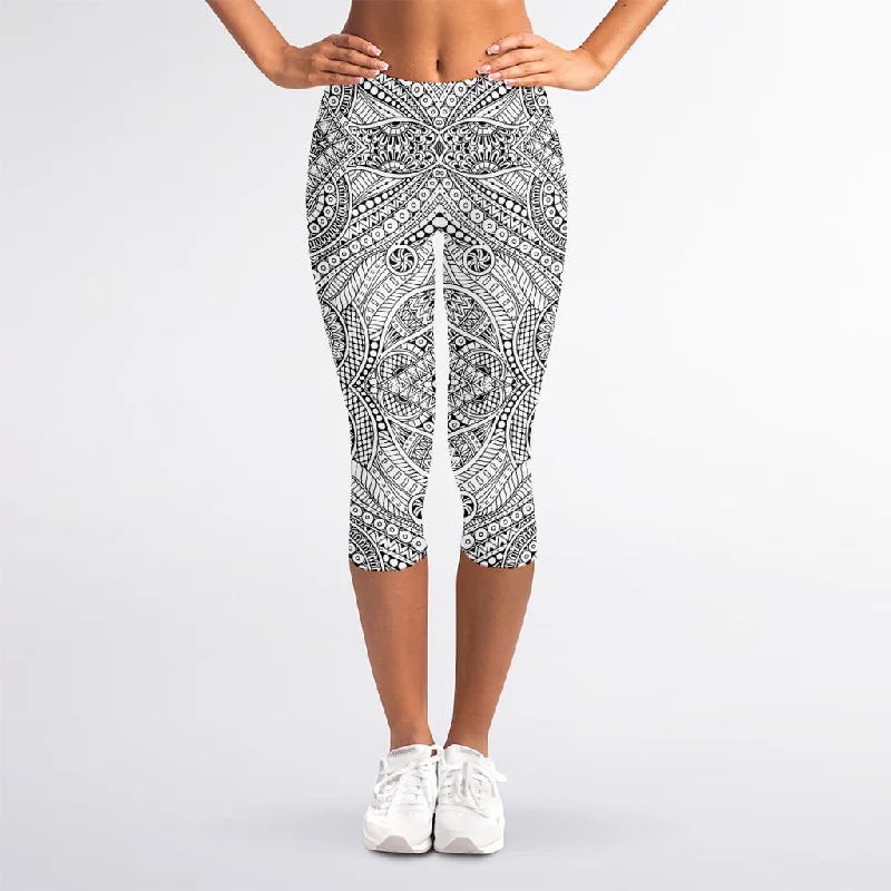 Ethnic Zentangle Pattern Print Women's Capri Leggings Stylish Printed Stretch Leggings