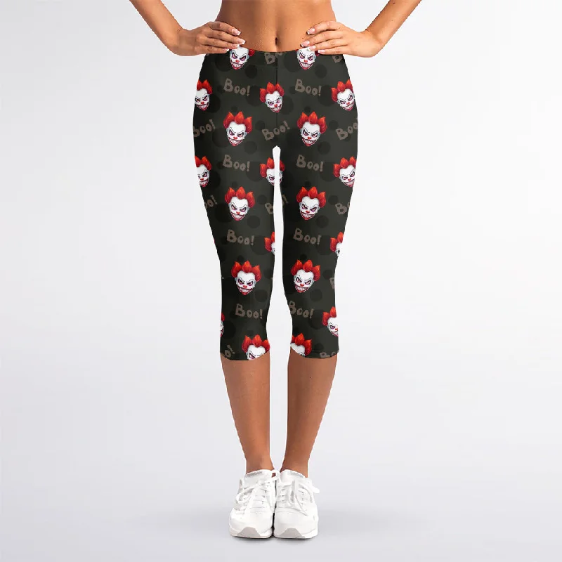 Evil Scary Clown Pattern Print Women's Capri Leggings Trendy Activewear Leggings