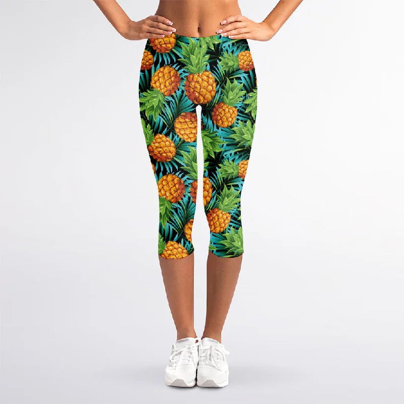 Exotic Tropical Pineapple Pattern Print Women's Capri Leggings Elegant Black Leggings