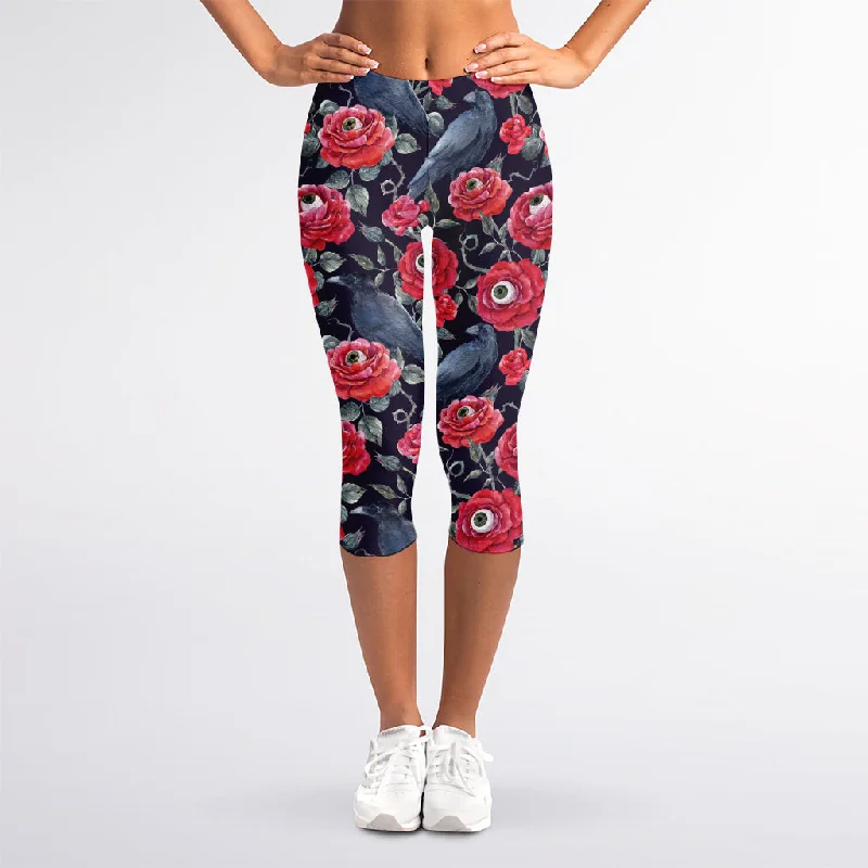Eyeball Rose Pattern Print Women's Capri Leggings Trendy Seamless Sports Leggings
