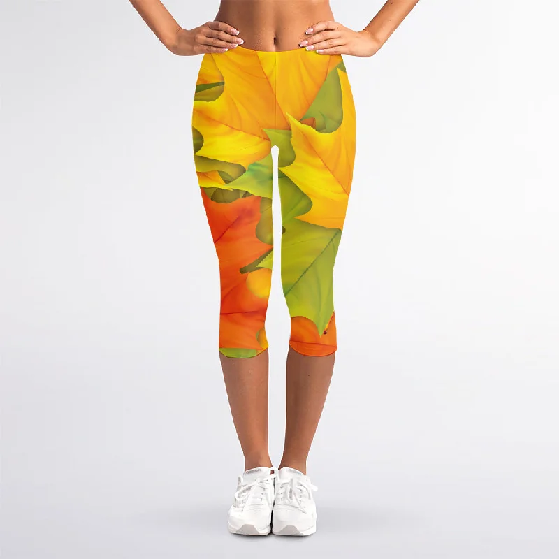 Fall Autumn Maple Leaves Print Women's Capri Leggings Stylish Printed Sport Leggings