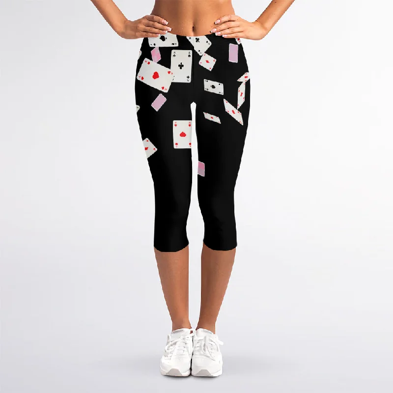 Falling Casino Card Print Women's Capri Leggings Fashionable Full-Length Active Leggings