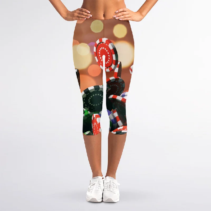 Falling Poker Chips Print Women's Capri Leggings Comfortable Sports Performance Tights