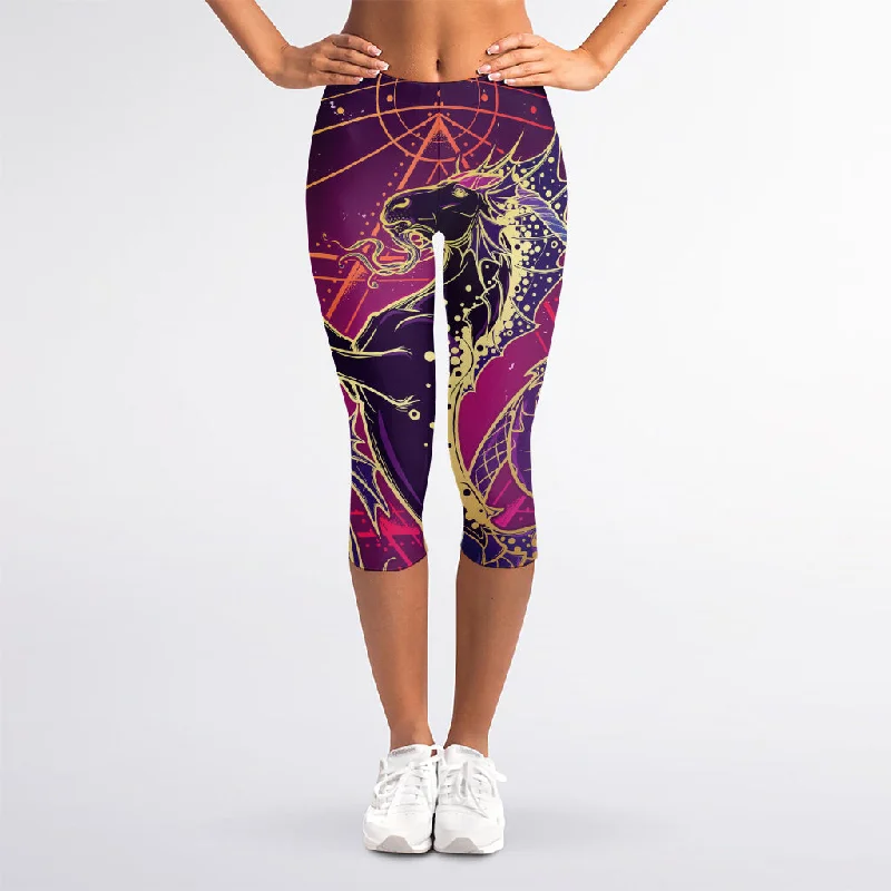 Fantastic Capricorn Sign Print Women's Capri Leggings Stylish Colorful Activewear Leggings
