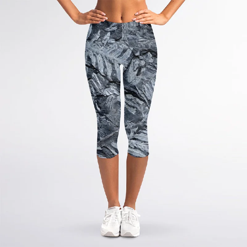 Fern Fossil Print Women's Capri Leggings Fashionable Embroidered Detail Leggings