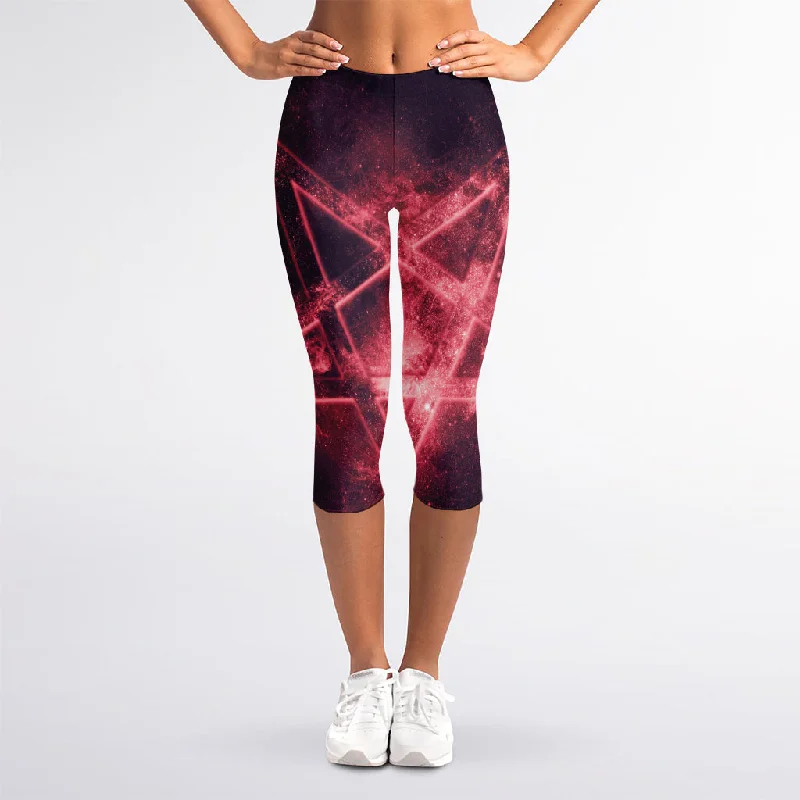 Fiery Reversed Pentagram Print Women's Capri Leggings Fashionable Ribbed Knit Leggings