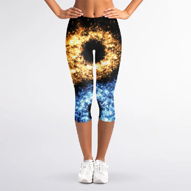 Fire And Ice Sparkle Yin Yang Print Women's Capri Leggings Trendy Cold Weather Tights