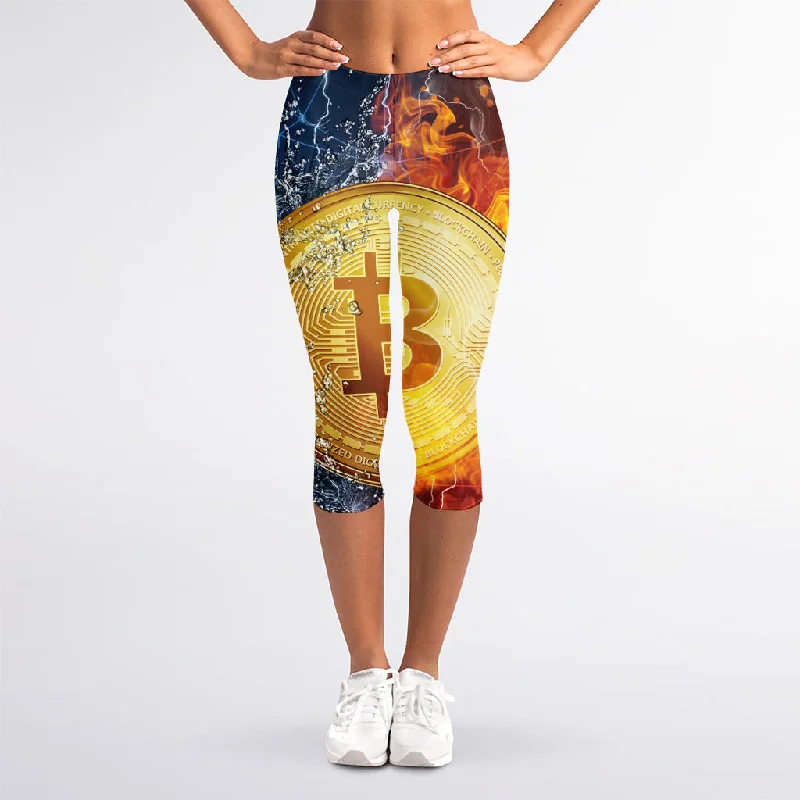 Fire And Water Bitcoin Print Women's Capri Leggings Trendy Faux Suede Leggings