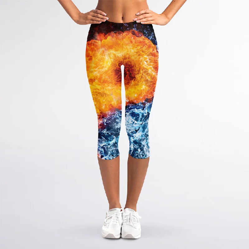 Fire And Water Yin Yang Print Women's Capri Leggings Stylish Stretch Print Leggings