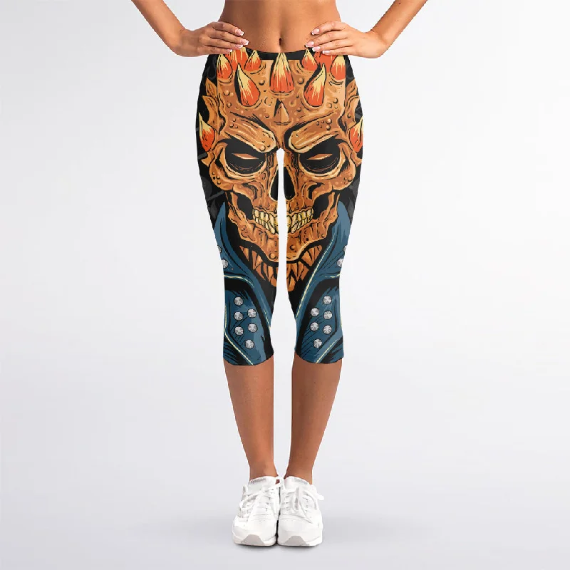 Fire Punk Devil Print Women's Capri Leggings Elegant Textured Leggings