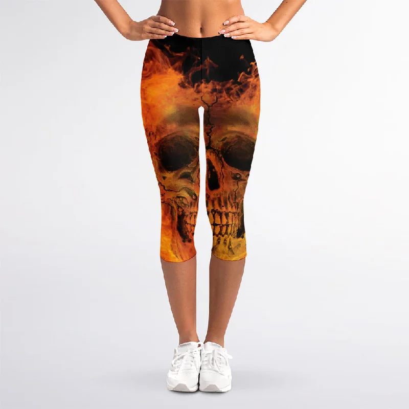 Fire Skull Print Women's Capri Leggings Stylish Sweat-Proof Leggings