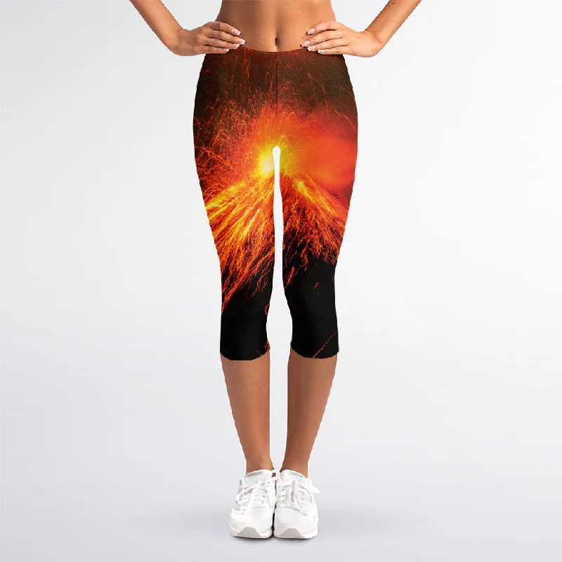 Fire Volcano Print Women's Capri Leggings Trendy Fitness Leggings