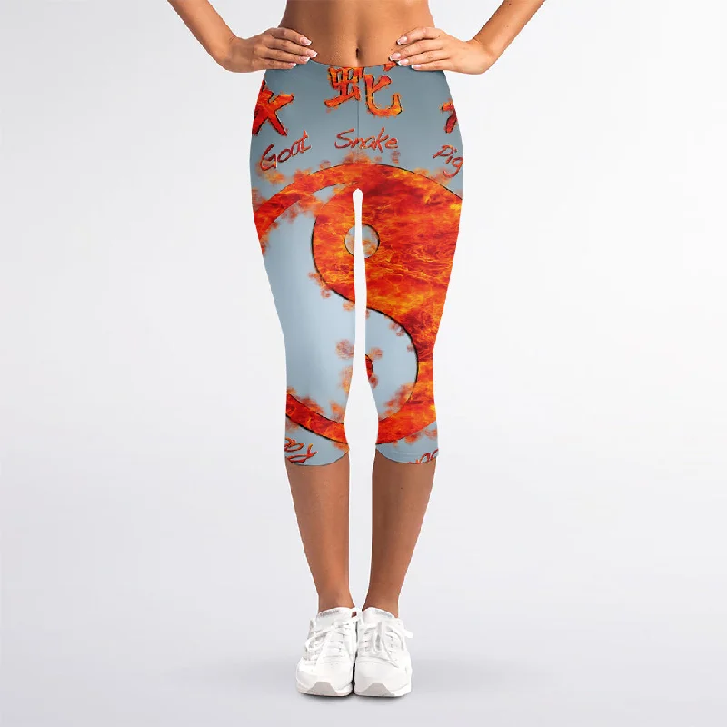 Fire Yin Yang Chinese Zodiac Print Women's Capri Leggings Comfortable Cold Weather Leggings