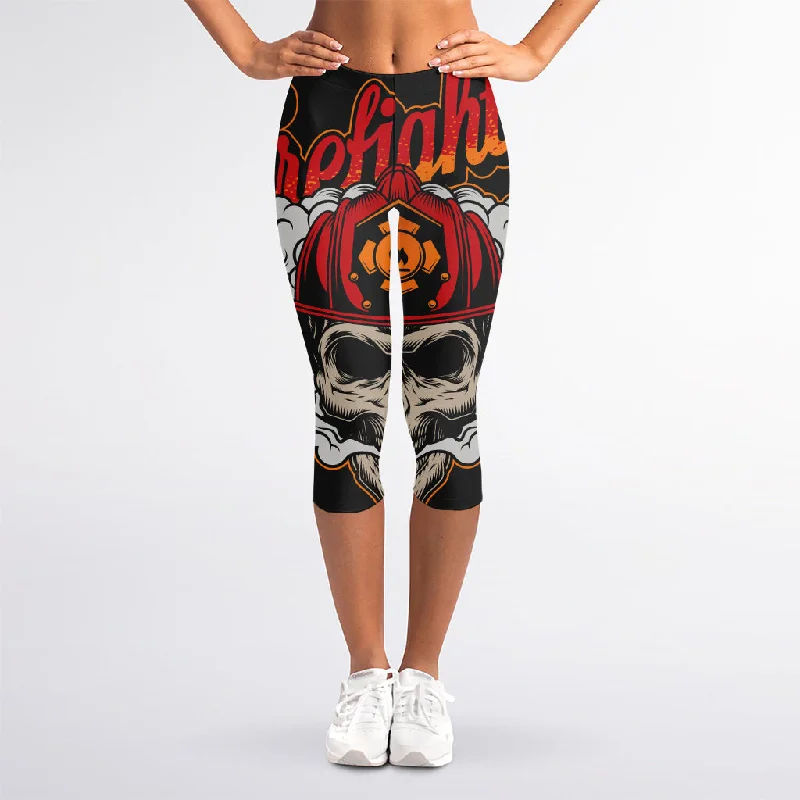 Firefighter Department Skull Print Women's Capri Leggings Elegant Full-Body Leggings