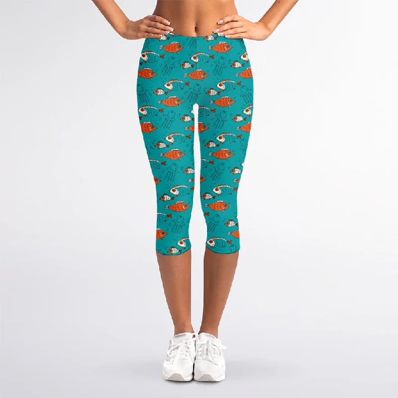 Fish And Jellyfish Pattern Print Women's Capri Leggings Stylish Sweatproof Leggings