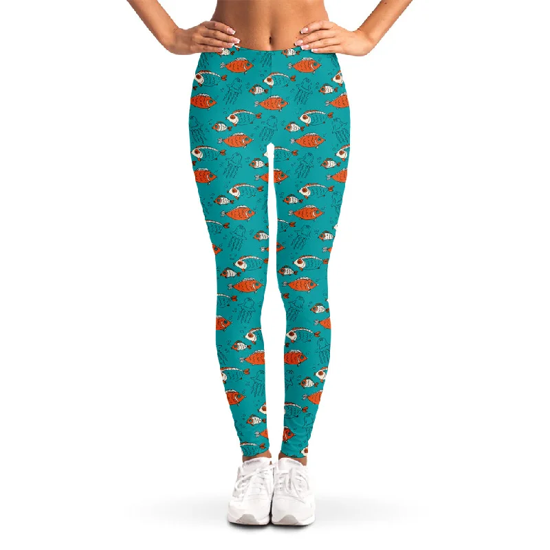 Fish And Jellyfish Pattern Print Women's Leggings Fashionable High-Rise Workout Leggings