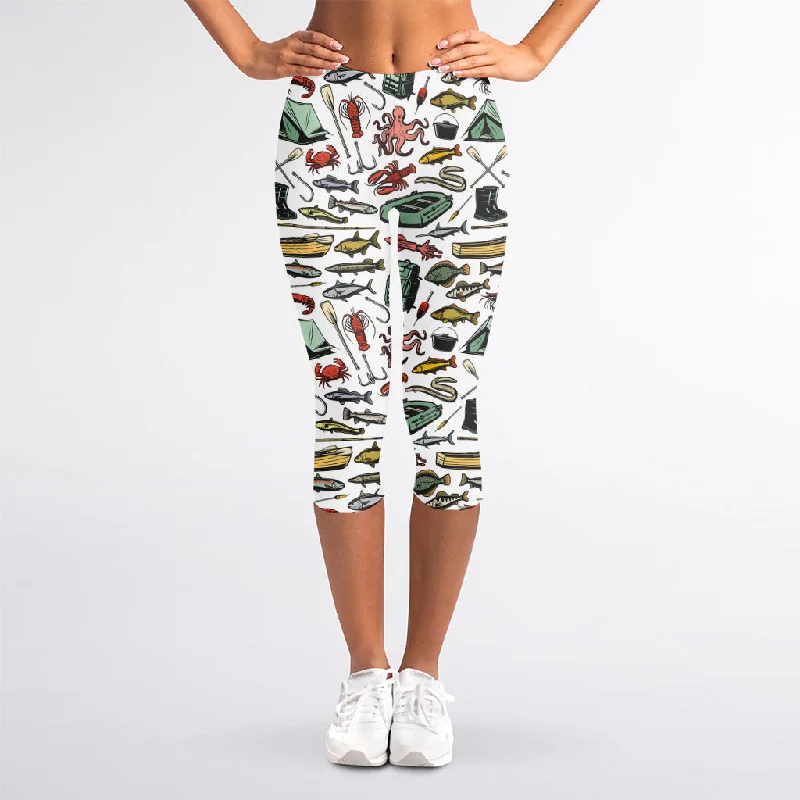 Fishing Equipment Pattern Print Women's Capri Leggings Trendy Adjustable Waist Leggings