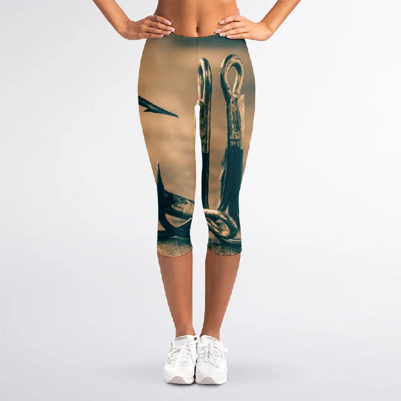 Fishing Hooks Print Women's Capri Leggings Comfortable Ribbed Waistband Leggings