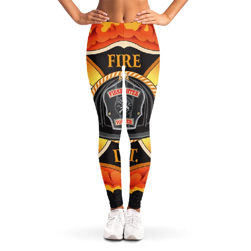 Flaming Firefighter Emblem Print Women's Leggings Cozy Reflective Detail Leggings