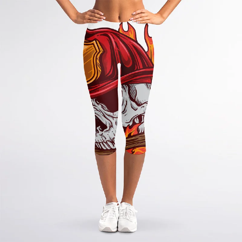 Flaming Firefighter Skull Print Women's Capri Leggings Fashionable Solid Color Tights