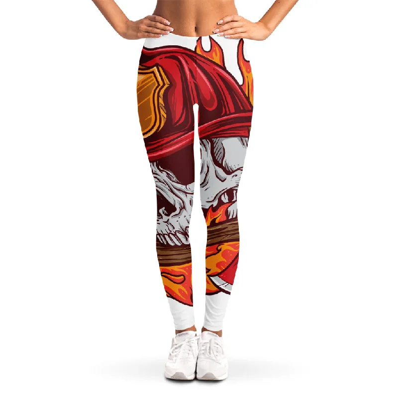 Flaming Firefighter Skull Print Women's Leggings Casual Black Leggings