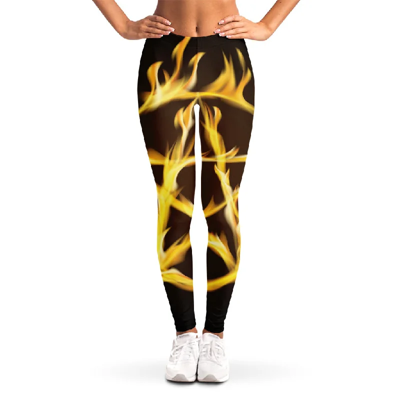 Flaming Pentagram Symbol Print Women's Leggings Elegant Shiny Black Leggings