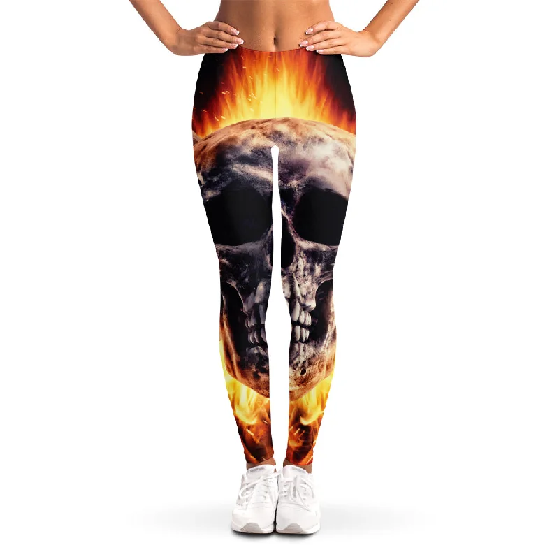 Flaming Skull And Cross Wrench Print Women's Leggings Cozy Warmth Leggings
