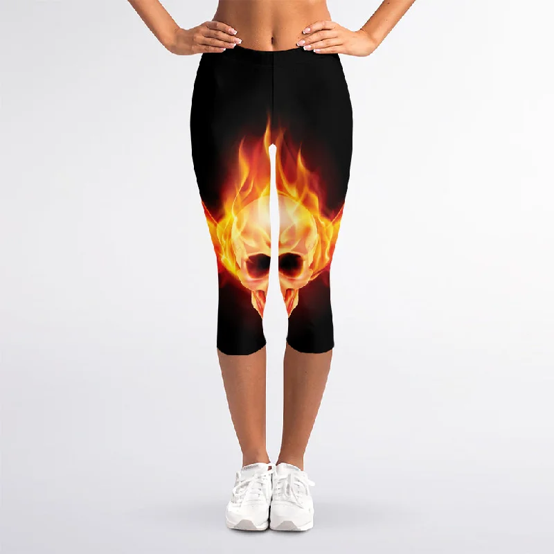 Flaming Skull With Fire Wings Print Women's Capri Leggings Comfortable Running Leggings