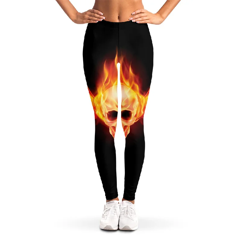 Flaming Skull With Fire Wings Print Women's Leggings Stylish Camo Print Leggings