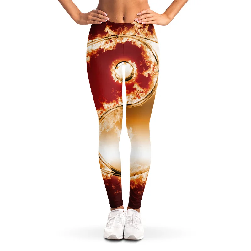 Flaming Yin Yang Print Women's Leggings Trendy Color Block Leggings