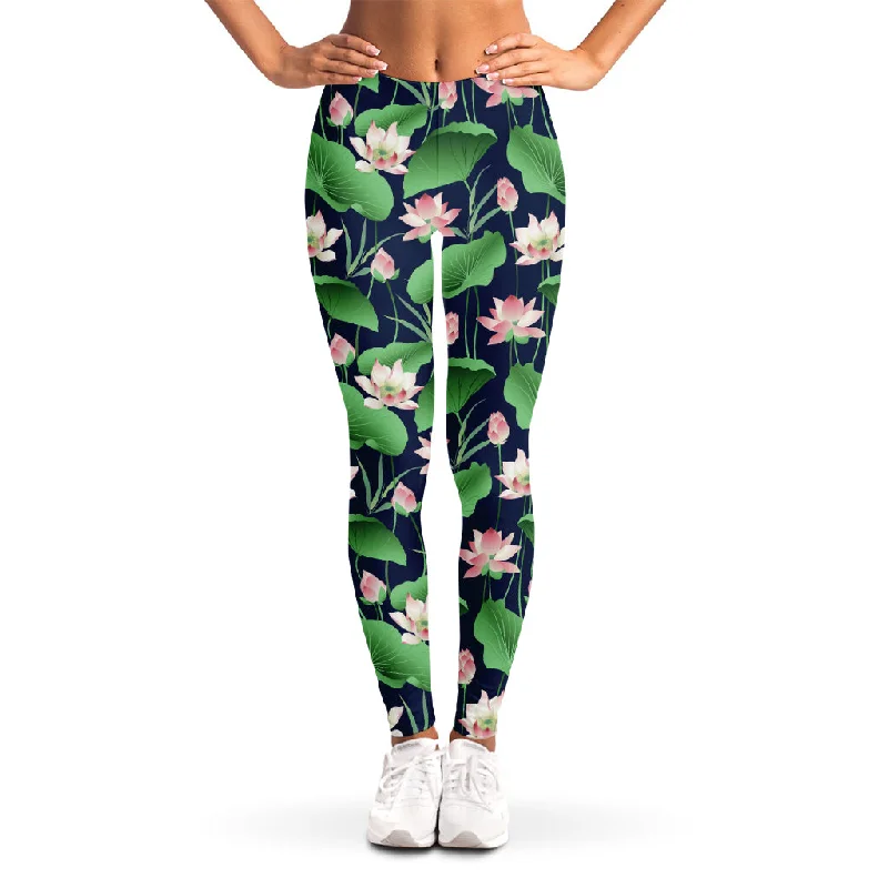 Flower And Leaf Lotus Pattern Print Women's Leggings Comfortable Workout Fitness Leggings