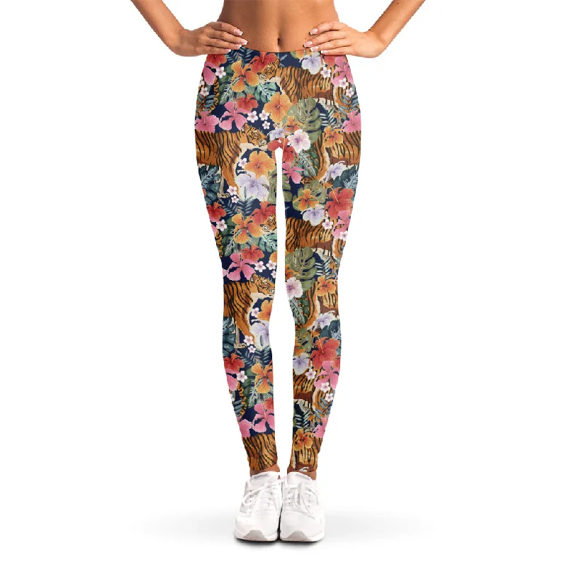 Flower And Tiger Pattern Print Women's Leggings Fashionable Leather-Look Leggings