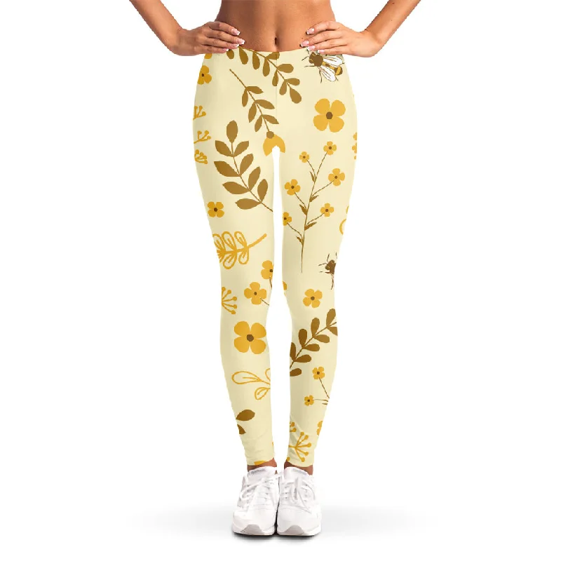 Flower Bee Pattern Print Women's Leggings Casual Slim-Fit Leggings