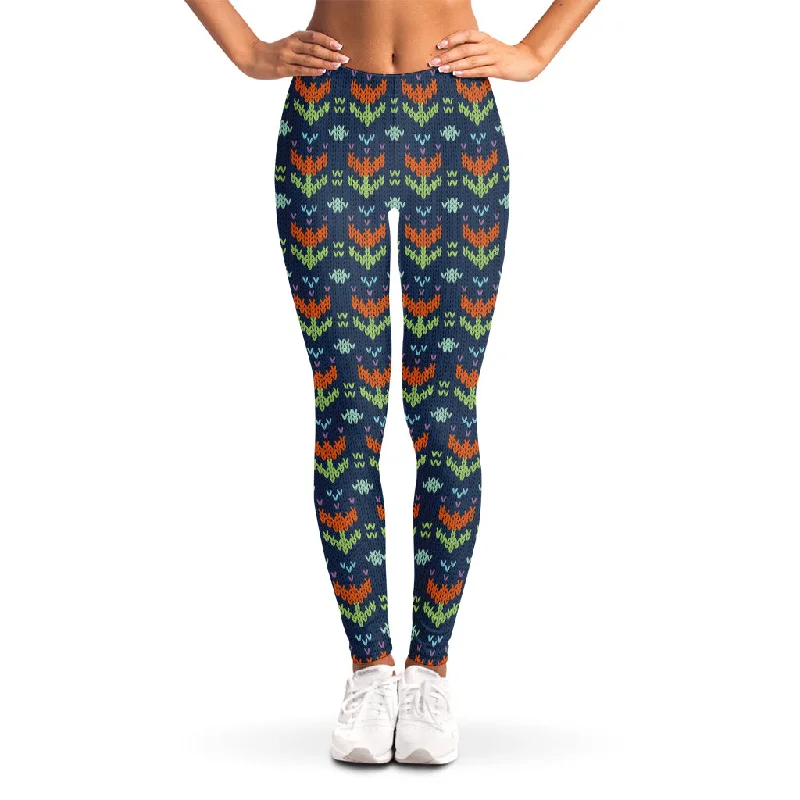 Flower Knitted Pattern Print Women's Leggings Cozy Cotton Leggings