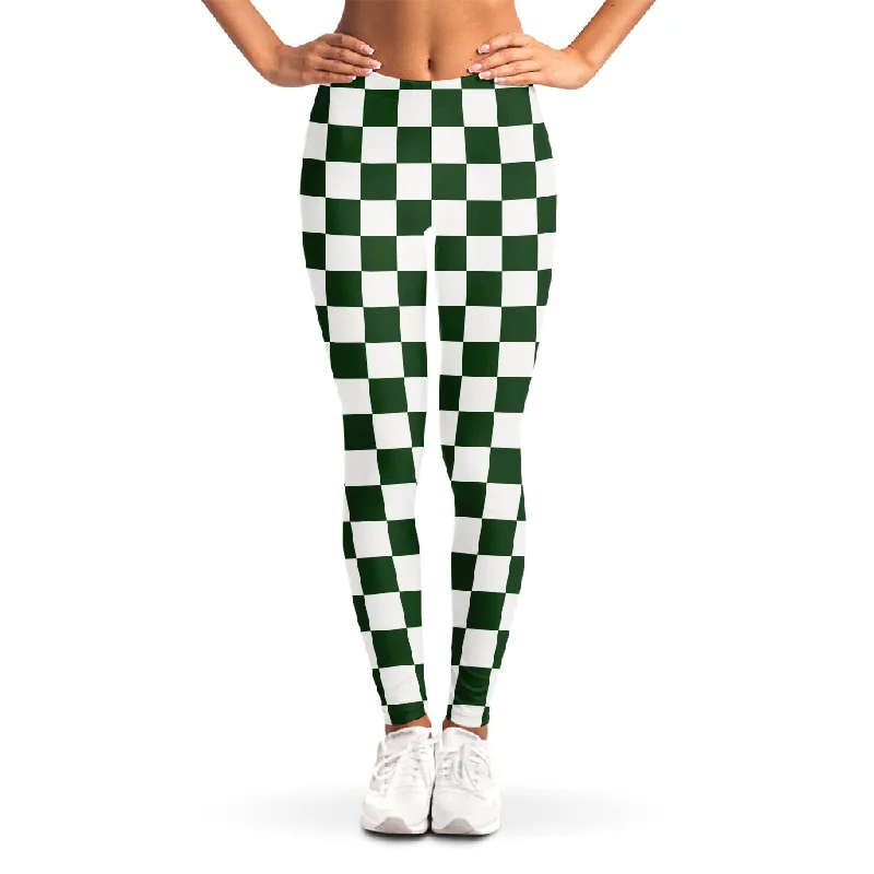 Forest Green And White Checkered Print Women's Leggings Elegant Casual Fit Leggings