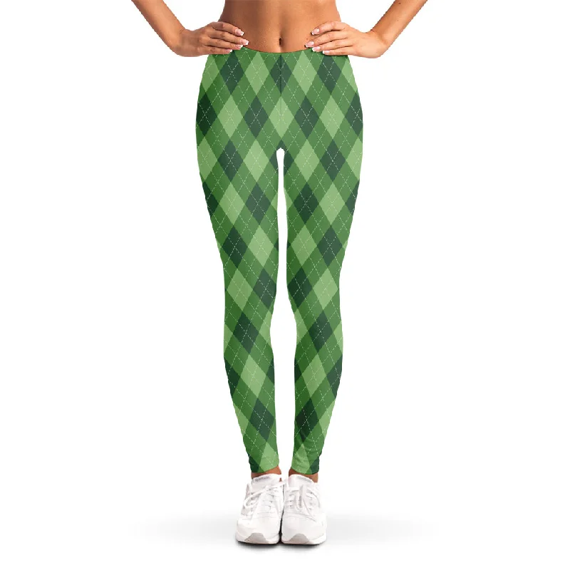 Forest Green Argyle Pattern Print Women's Leggings Cozy Mid-Rise Workout Leggings