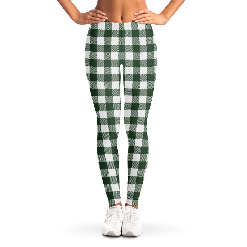 Forest Green Buffalo Check Pattern Print Women's Leggings Stylish Side-Stripe Leggings