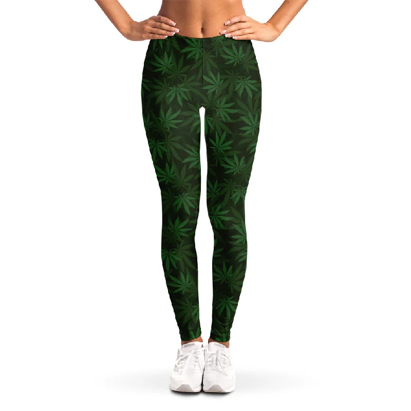Forest Green Cannabis Leaf Print Women's Leggings Comfortable Slip-On Compression Leggings