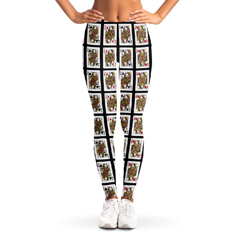 Four Queens Playing Cards Pattern Print Women's Leggings Elegant Printed Leggings with Pockets