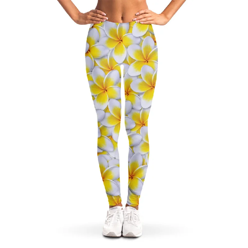 Frangipani Flower Print Women's Leggings Elegant Sheer Leggings