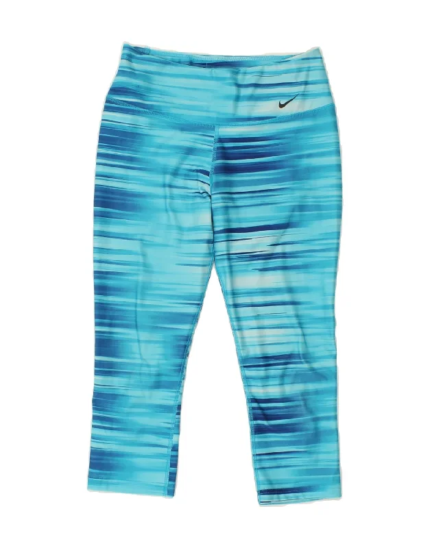 NIKE Womens Dri Fit Capri Leggings UK 10 Small  Blue Striped Polyester Cozy Workout Performance Leggings
