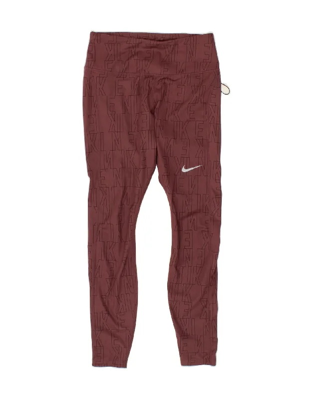 NIKE Womens Dri Fit Graphic Leggings UK 12 Medium  Maroon Polyester Stylish Pockets Active Leggings